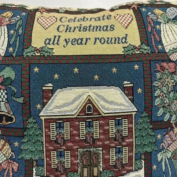 Vintage Christmas Tapestry Needlepoint Pillow 16” Square Celebrate Christmas - Picture 8 of 9